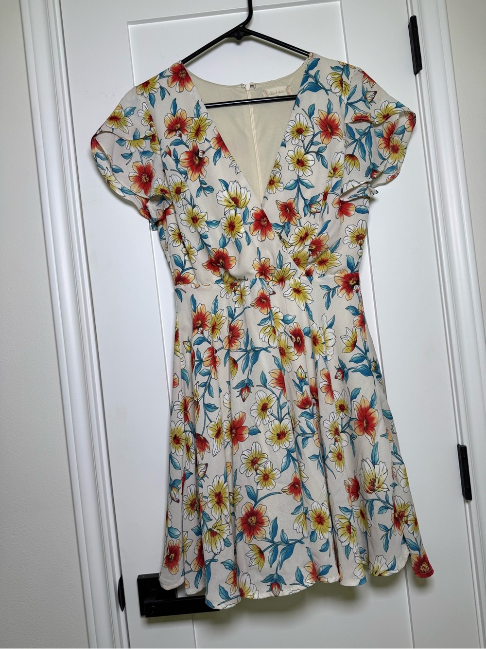 Altar'd State Cream Floral V-Neck Mini Dress with Red, Yellow & Blue Flowers